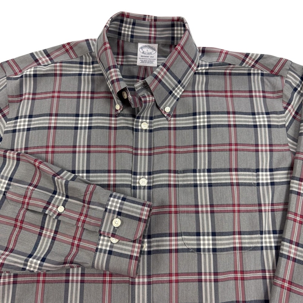 Brooks Brothers Regent Shirt Mens Large Gray Plaid Non Iron Stretch Twill Office